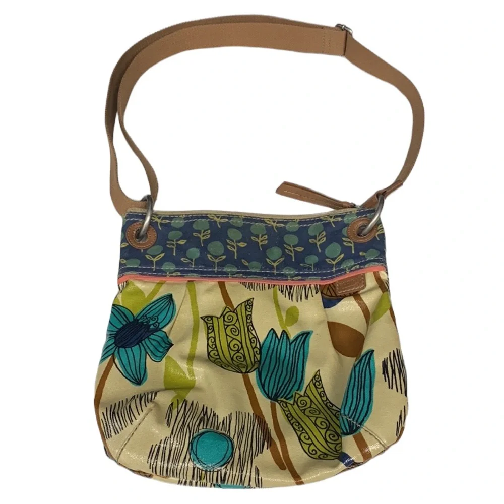 Fossil Key-Per Cross Body Bag Purse Hand Bag Floral Flowers Cream Blue Green